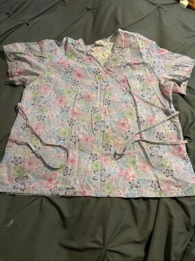 Kids Floral Print Wrap Top scrubs Shirt - White with Pink, Blue & Green Flowers